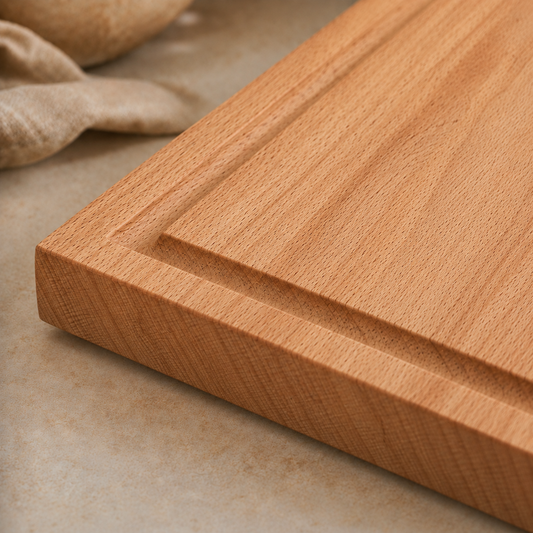 Detailaufnahme eines massiven Schneidebretts aus Buche mit umlaufender Saftrille. Feine Holzmaserung und warme natürliche Lichtstimmung auf heller Steinoberfläche.