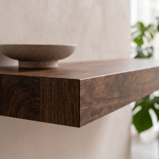 Detailaufnahme eines schwebenden Wandregals ECO aus furniertem Nussbaum mit verdeckter Wandhalterung. Hochwertige Nussbaum-Maserung, präzise Kantenverarbeitung und dunkle Holzoptik.