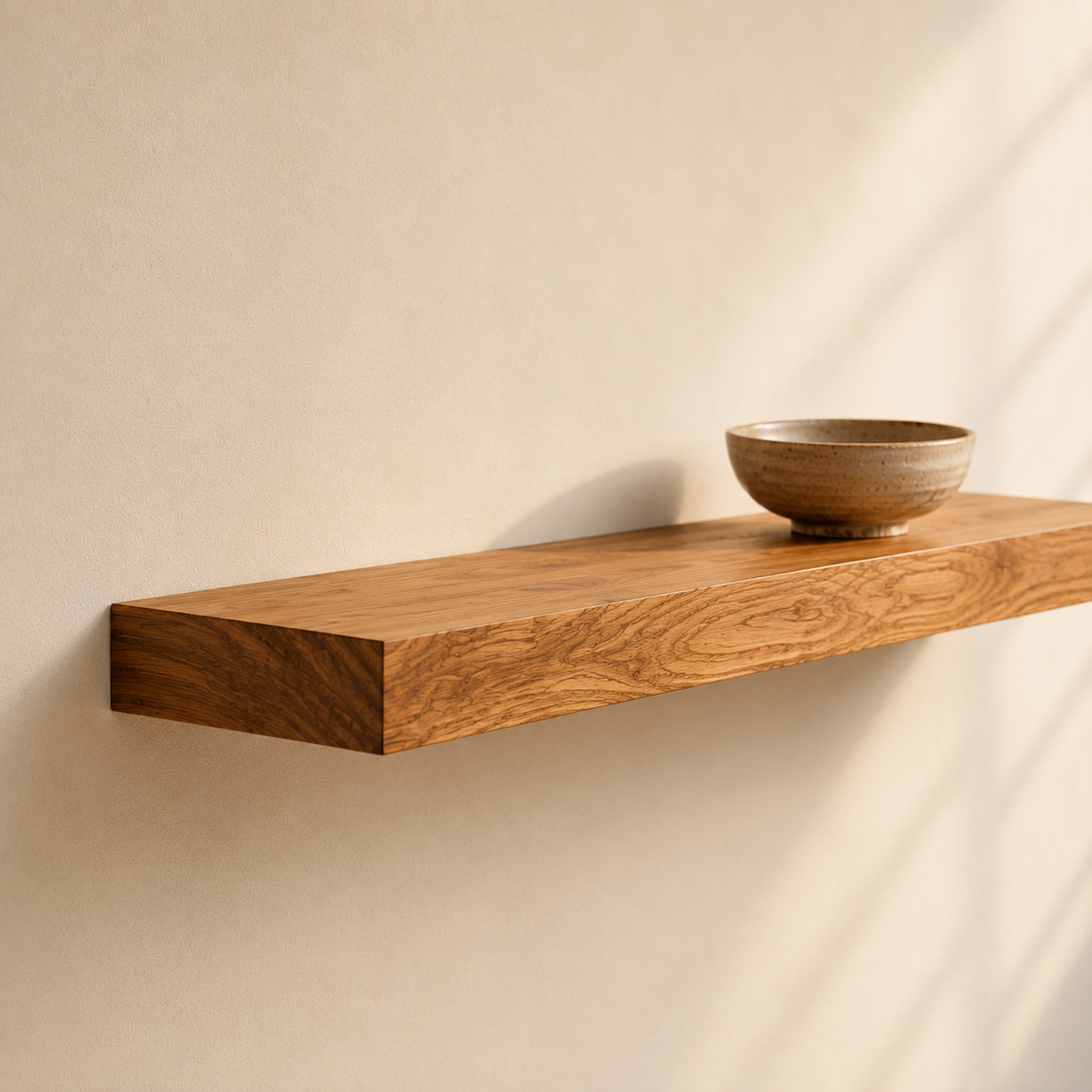 Schwebendes Wandregal ECO aus furnierter Ulme mit ausdrucksstarker Holzmaserung und verdeckter Befestigung, modernes Wandregal in natürlicher Holzoptik mit Keramikschale als Dekoration.