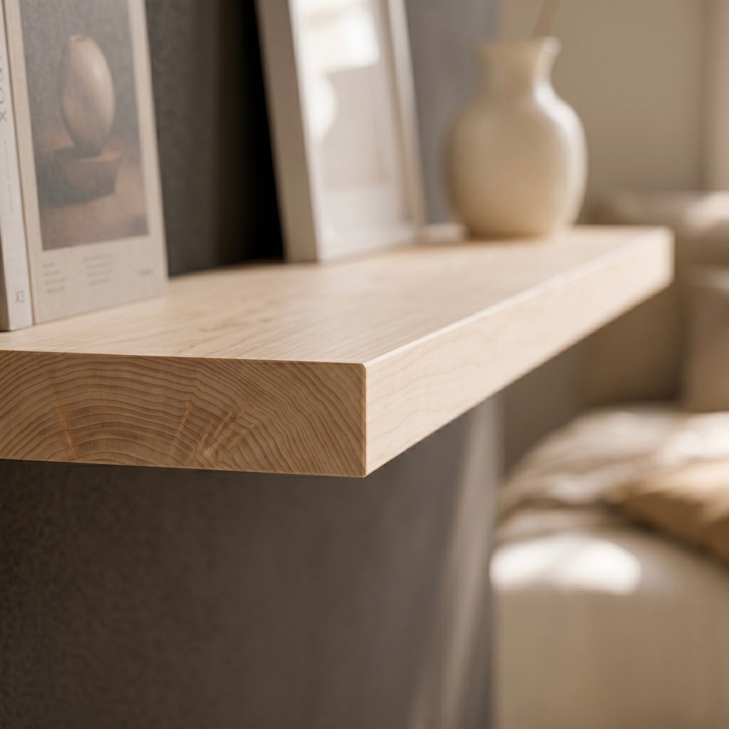 Detailaufnahme eines schwebenden Wandregals aus hellem Ahorn Massivholz mit feiner Maserung und minimalistischer Dekoration vor dunkler Wand im modernen Schlafzimmer-Stil