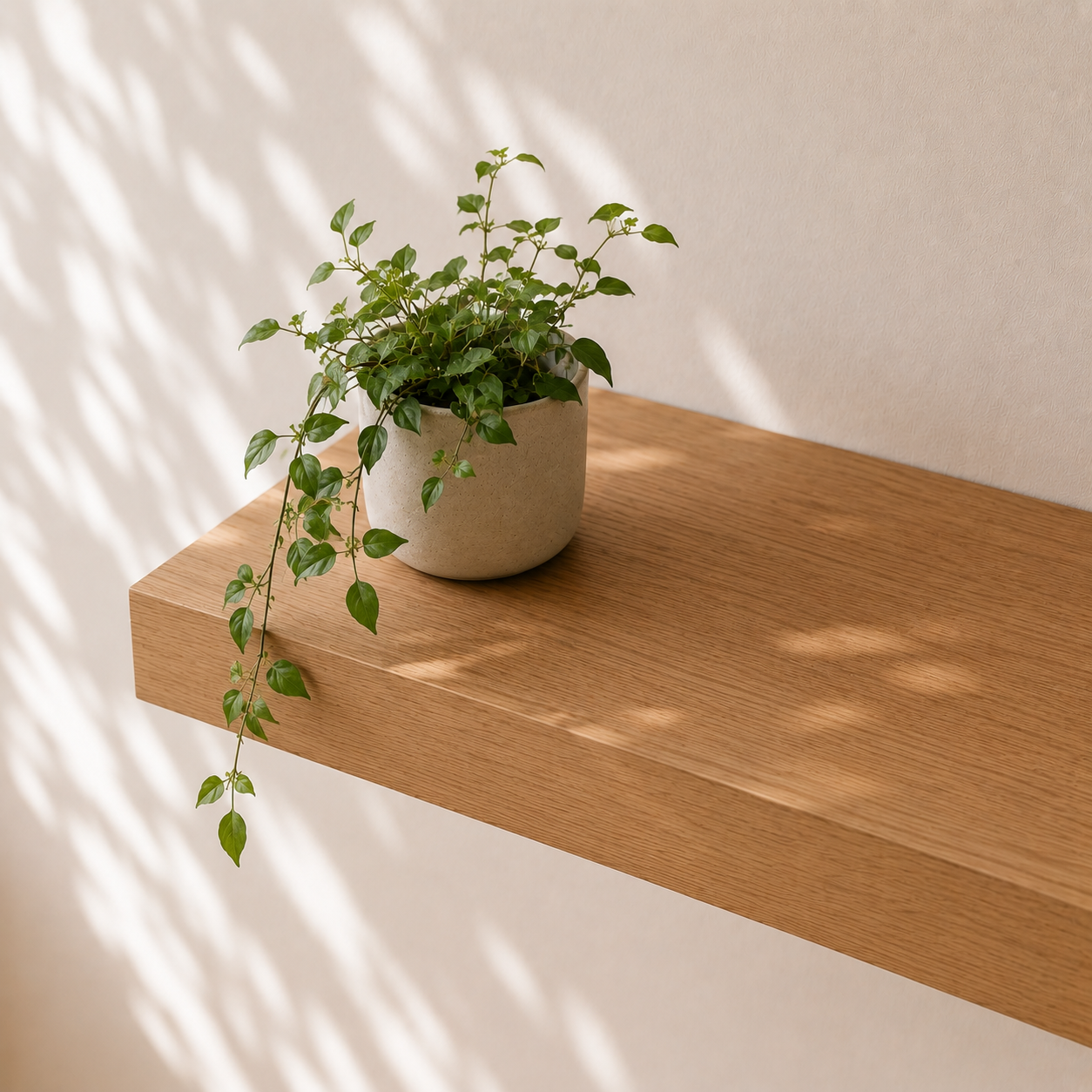 Detailaufnahme eines schwebenden Wandregals aus Eiche Massivholz mit natürlicher Holzmaserung und grüner Zimmerpflanze im modernen Japandi-Stil bei warmem Sonnenlicht an heller Wand