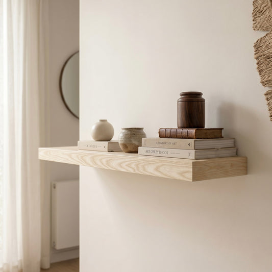 Detailaufnahme eines schwebenden Wandregals aus Esche mit natürlicher Holzmaserung. Modernes Wandboard mit Büchern und Dekoration an einer hellen Wohnzimmerwand, montiert mit verdeckter Halterung.