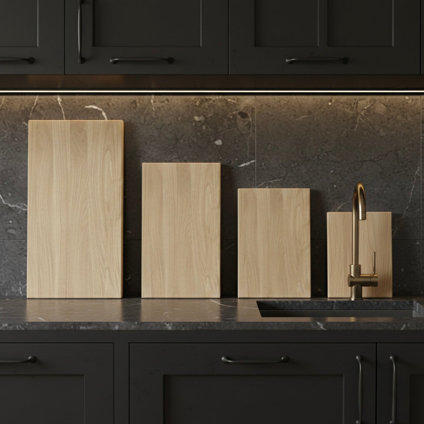 Schneidebretter aus massiver Eiche in verschiedenen Größen, aufgereiht auf Küchenarbeitsplatte