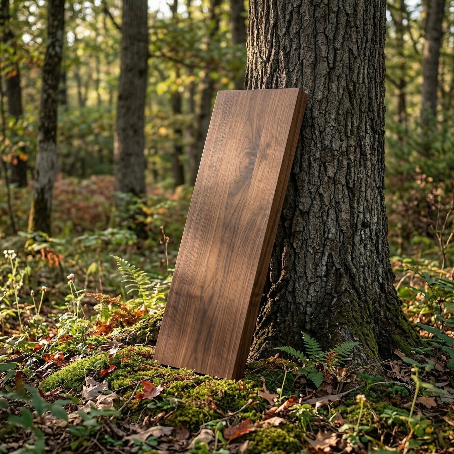 Massives Wandregal aus Nussbaumholz an einen Baum im Wald gelehnt als Symbol für natürliches Holz