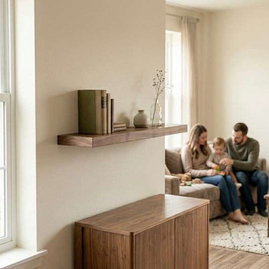 Schwebendes Wandregal aus Nussbaum Massivholz an einer hellen Wohnzimmerwand mit Familie im Hintergrund