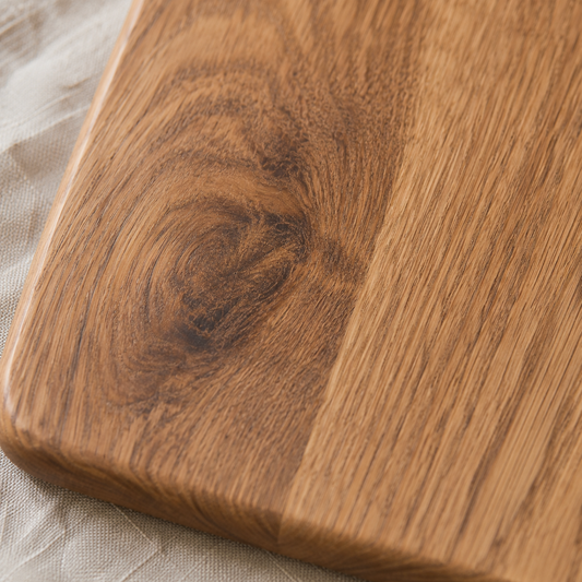 Detailaufnahme des Servierbretts Eiche Artisan aus Massivholz mit markanter Eichenmaserung und natürlichem Astbild