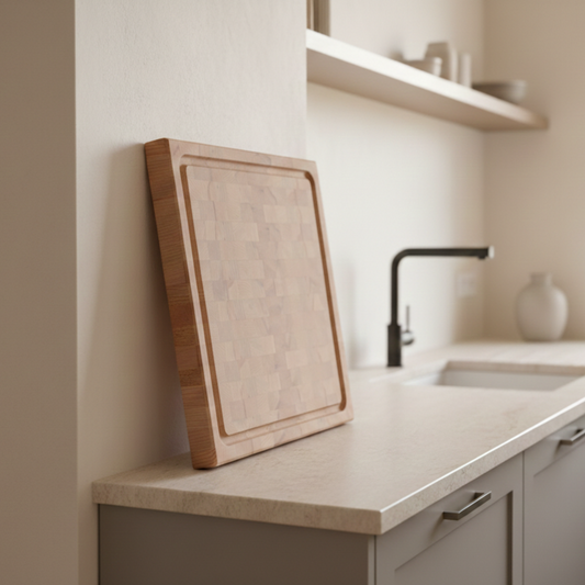 Stirnholz Schneidebrett aus Buche Massivholz mit Saftrille, an die Wand gelehnt auf heller Küchenarbeitsplatte – handgefertigt von Holz Leidenschaft