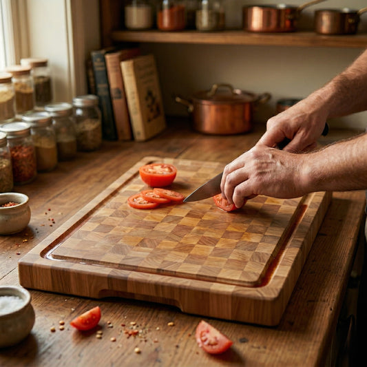 Stirnholz Schneidebrett aus Eiche in der Anwendung beim Schneiden von Tomaten in einer warmen, rustikalen Küchenszene