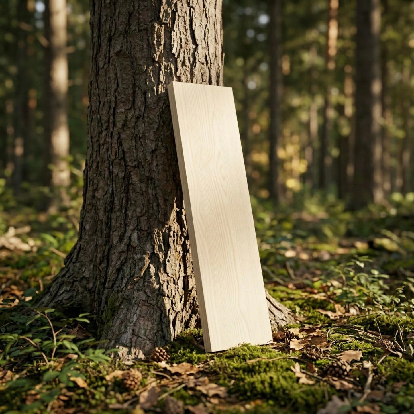 Massives Wandregal aus Ahorn lehnt an einem Baum im Wald – helle natürliche Holzstruktur
