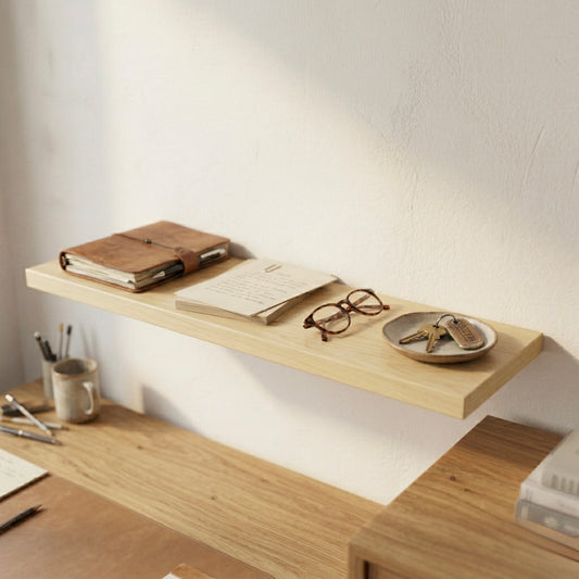 Schwebendes Wandregal aus Birke furniert über einem Schreibtisch mit Notizbuch, Brille und Schlüssel in einem warmen, minimalistischen Arbeitsbereich