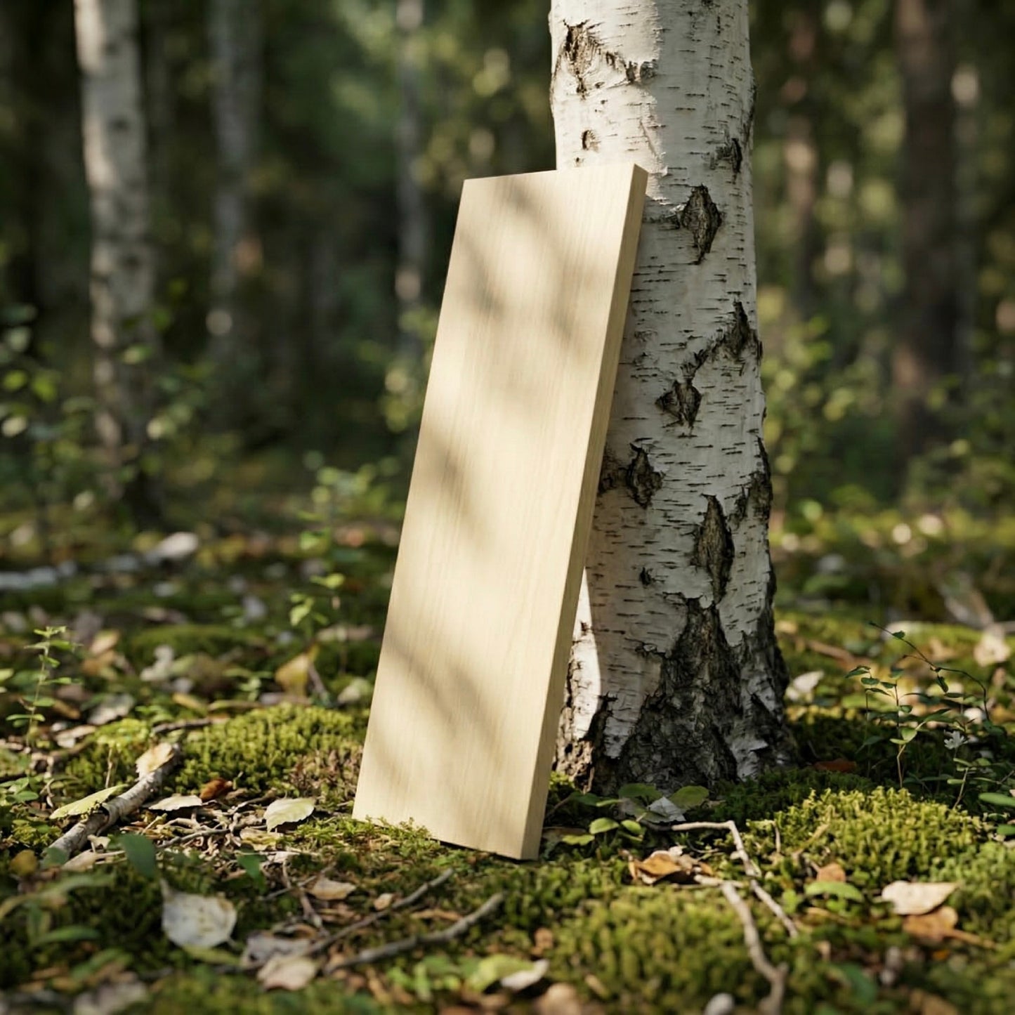 Massives Wandregal aus Birke lehnt an einem Birkenbaum im Wald – helle natürliche Holzstruktur