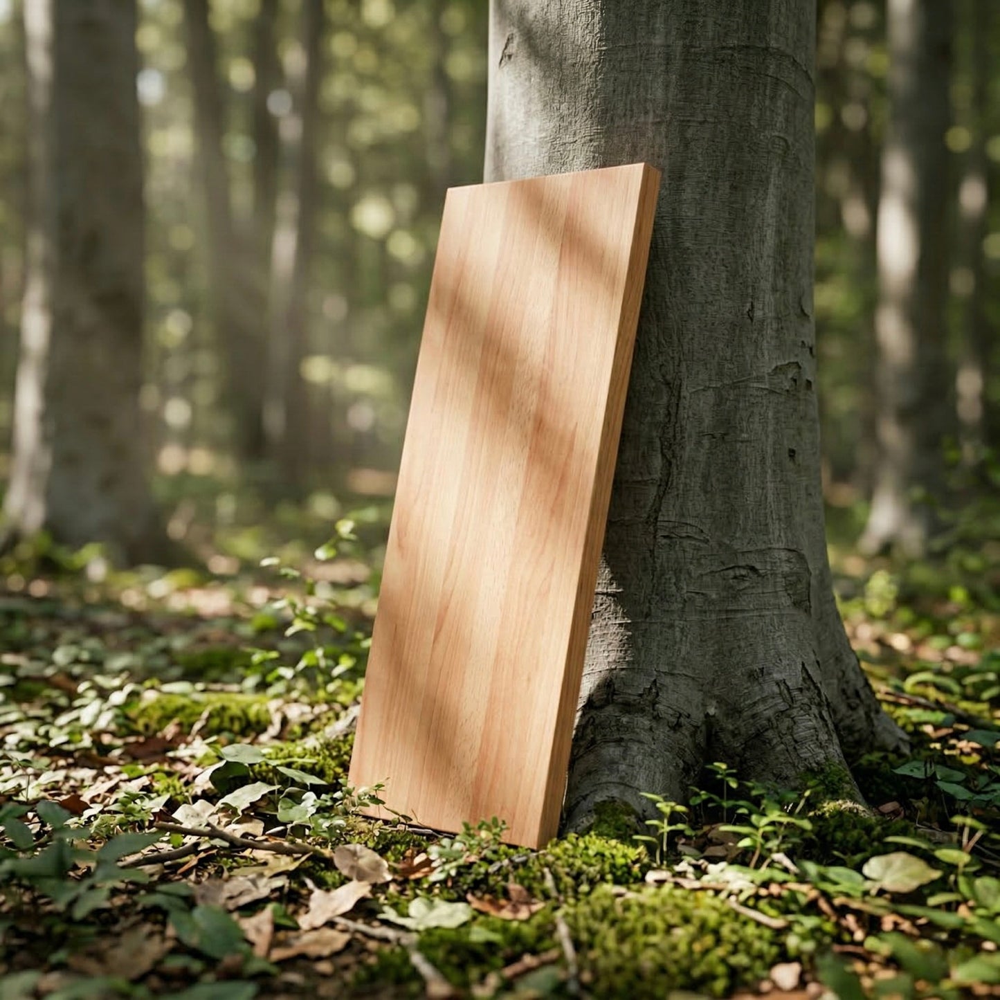 Massives Wandregal aus Buche lehnt an einem Baum im Wald – natürliche Holzstruktur