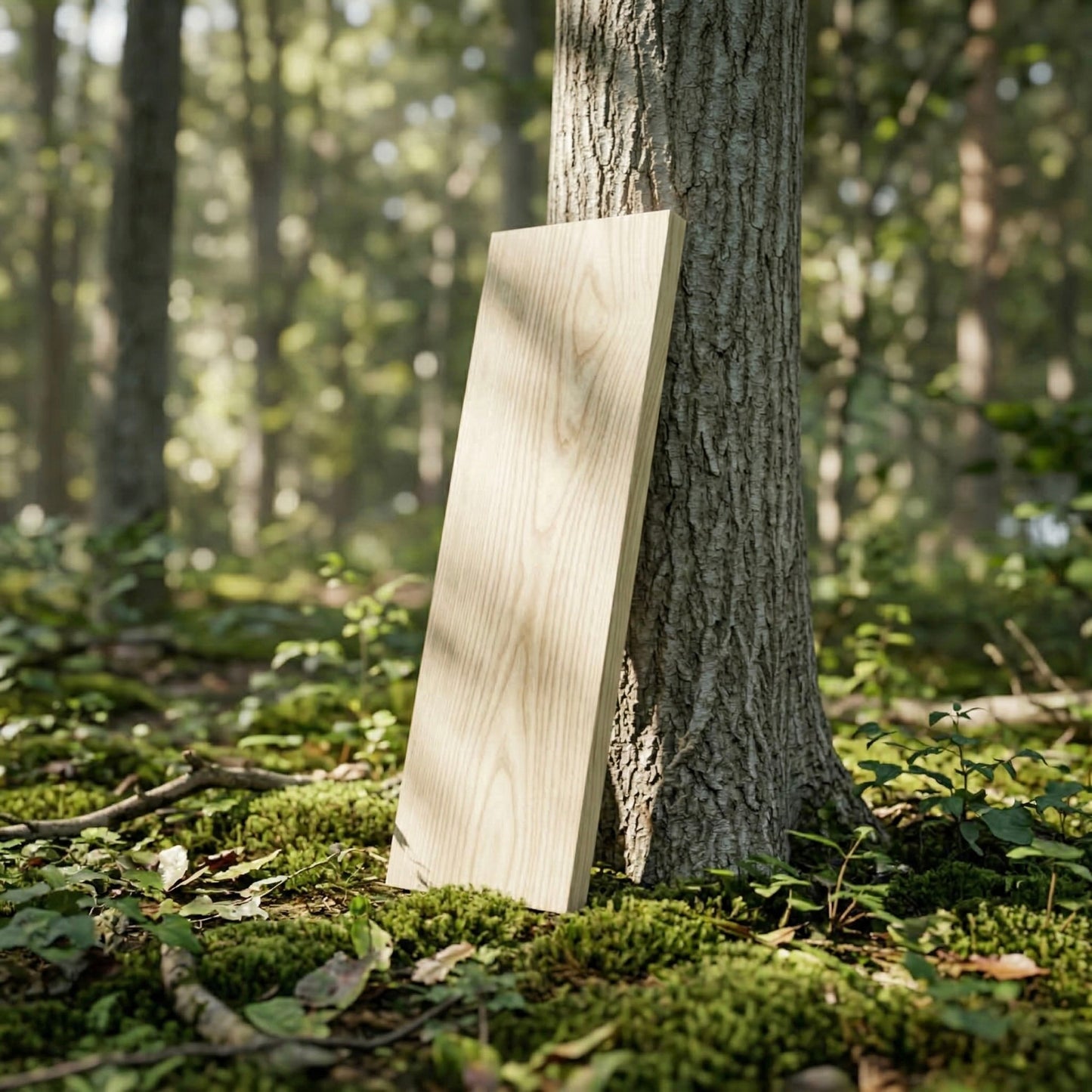 Massives Wandregal aus Esche lehnt an einem Baum im Wald – helle natürliche Holzmaserung