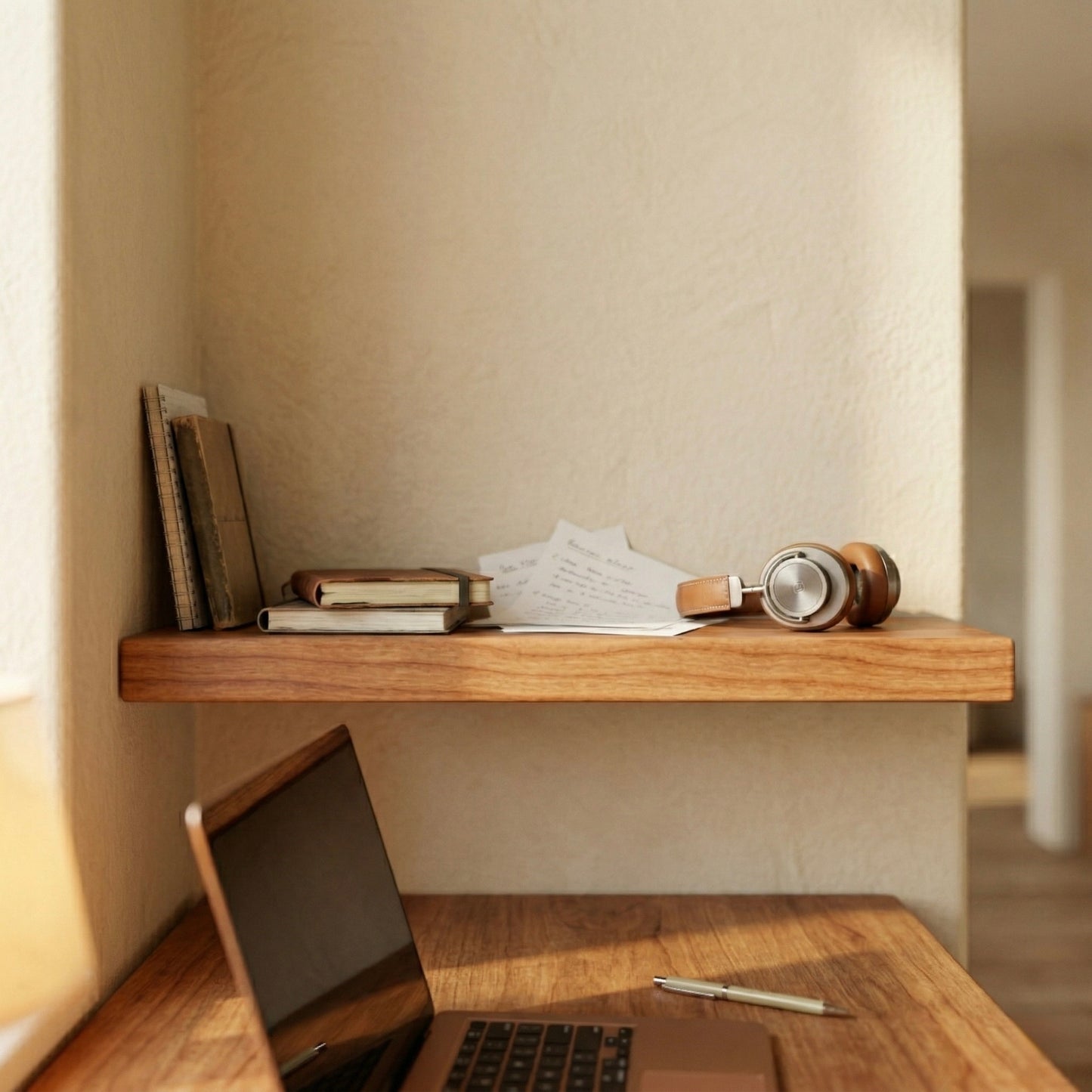 Schwebendes Wandregal aus Kirschbaum furniert über Schreibtisch mit Büchern, Notizen und Kopfhörern in warmem Homeoffice