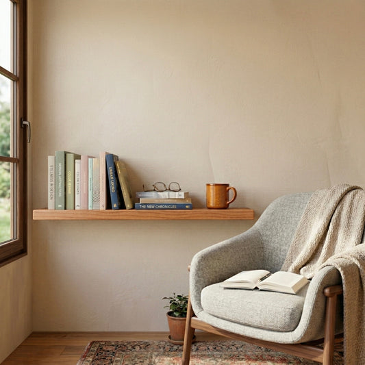 Schwebendes Wandregal aus Kirschbaum furniert neben Sessel in gemütlicher Leseecke mit Büchern und Tasse