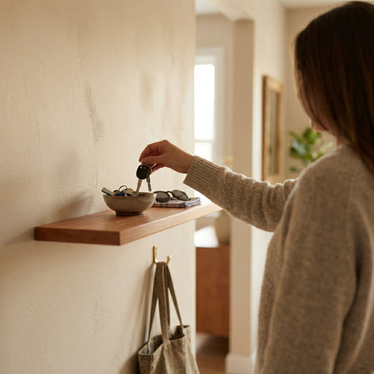 Schwebendes Wandregal aus Kirschbaum im Flur, Person legt Schlüssel in eine Schale