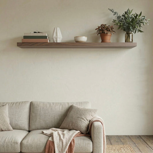 Schwebendes Wandregal aus Nussbaum furniert über Sofa mit Pflanzen und Deko in heller, wohnlicher Atmosphäre