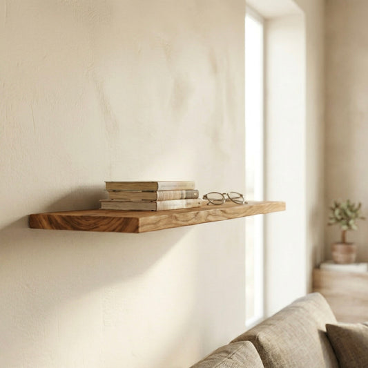 Schwebendes Wandregal aus Rüster furniert mit Büchern und Brille in heller, ruhiger Wohnatmosphäre