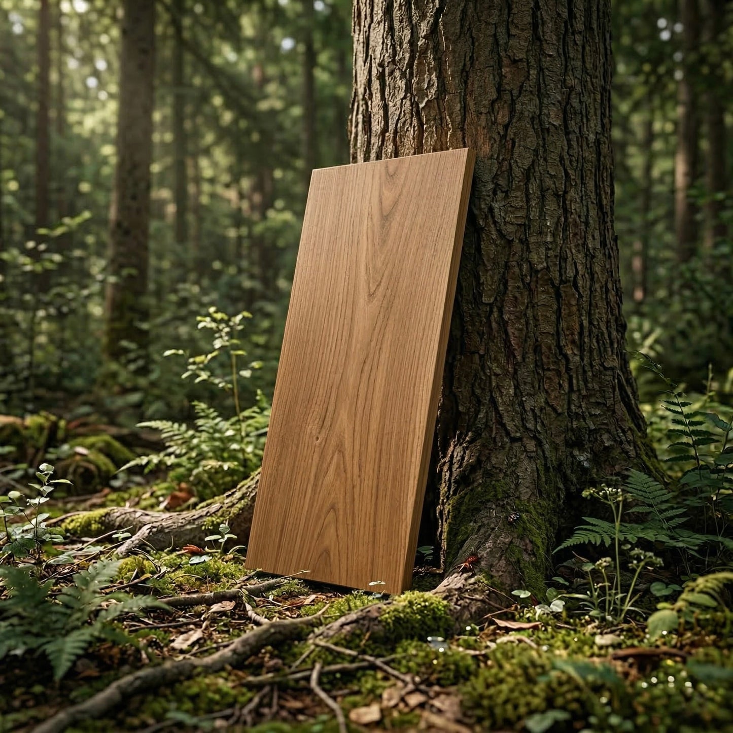 Massives Wandregal aus Rüster lehnt an einem Baum im Wald – natürliche Holzstruktur