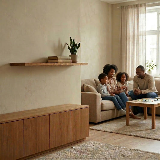 Schwebendes Wandregal aus Rüster massiv über Sideboard im Wohnzimmer mit Familie im Hintergrund