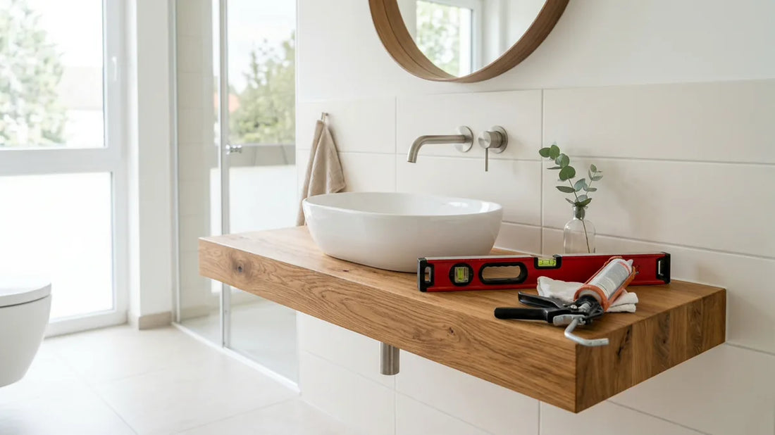 Aufsatzwaschbecken auf geölter Holzplatte im Bad mit Wasserwaage und Silikonpistole