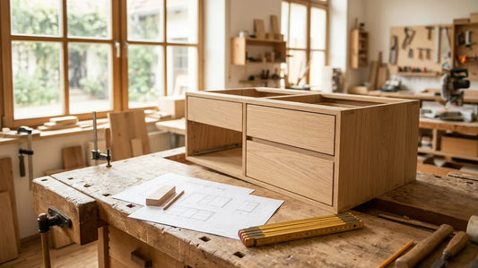 Küchenkorpus aus Holz mit Plänen und Zollstock auf einer Werkbank in der Schreinerwerkstatt