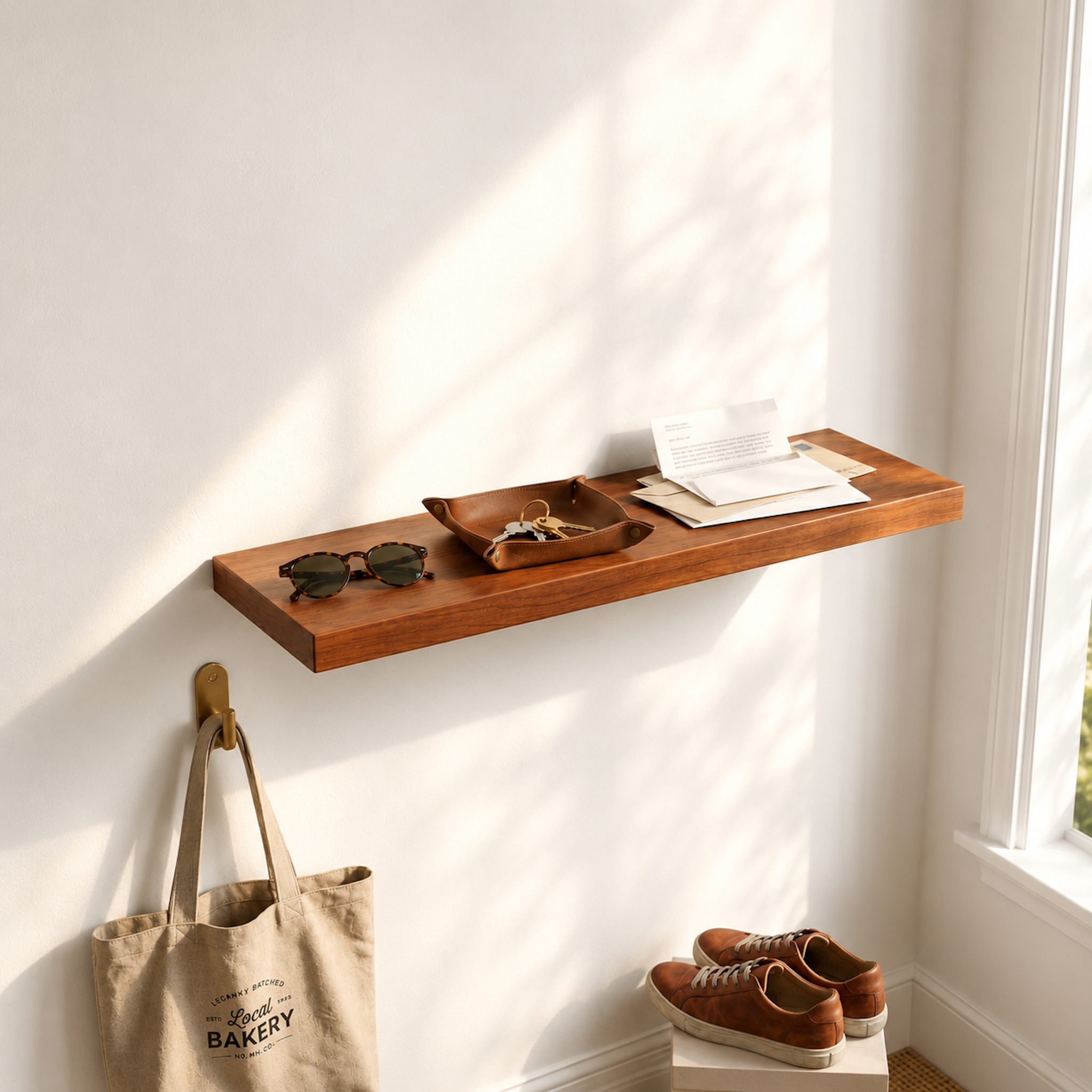 Ablageregal ECO aus furniertem Kirschbaum mit verdeckter Wandhalterung. Schwebendes Wandregal mit warmer Kirschbaum-Maserung und hochwertiger Furnieroberfläche als praktische Ablage im Eingangsbereich.