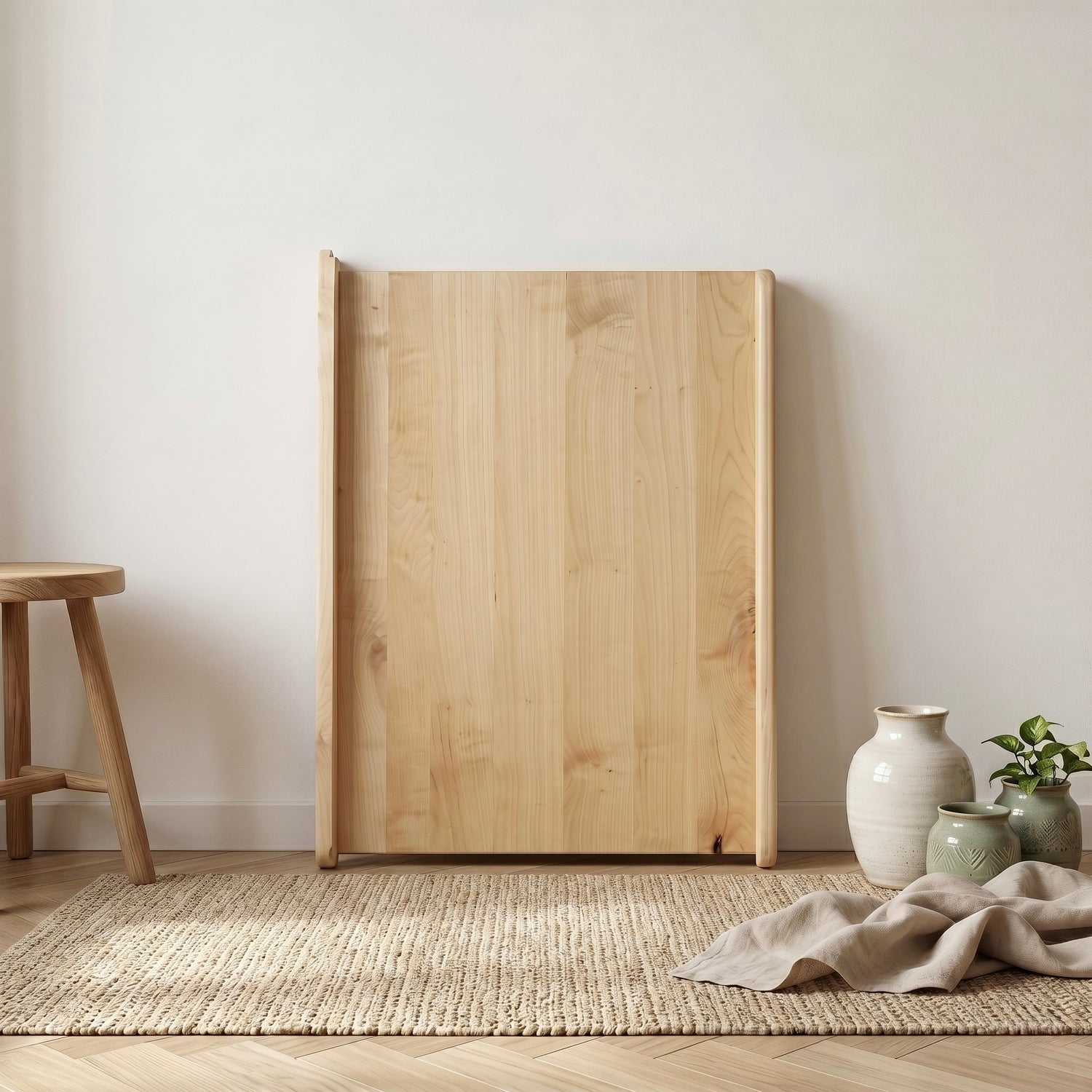 Großes handgefertigtes Backbrett aus Ahornholz in heller Japandi-Interior-Szene. Das Brett lehnt frontal an einer weißen Wand auf einem beigen Teppich. Natürliche Holzmaserung, warme Lichtstimmung sowie dezente Keramikvasen und Pflanzen sorgen für eine ruhige, hochwertige Atmosphäre.