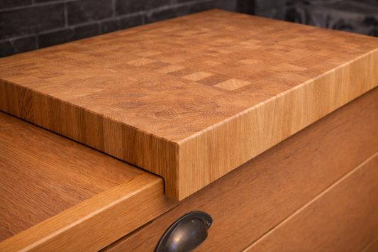 Stirnholz-Schneidebrett aus Eiche Massivholz mit Anschlagkante