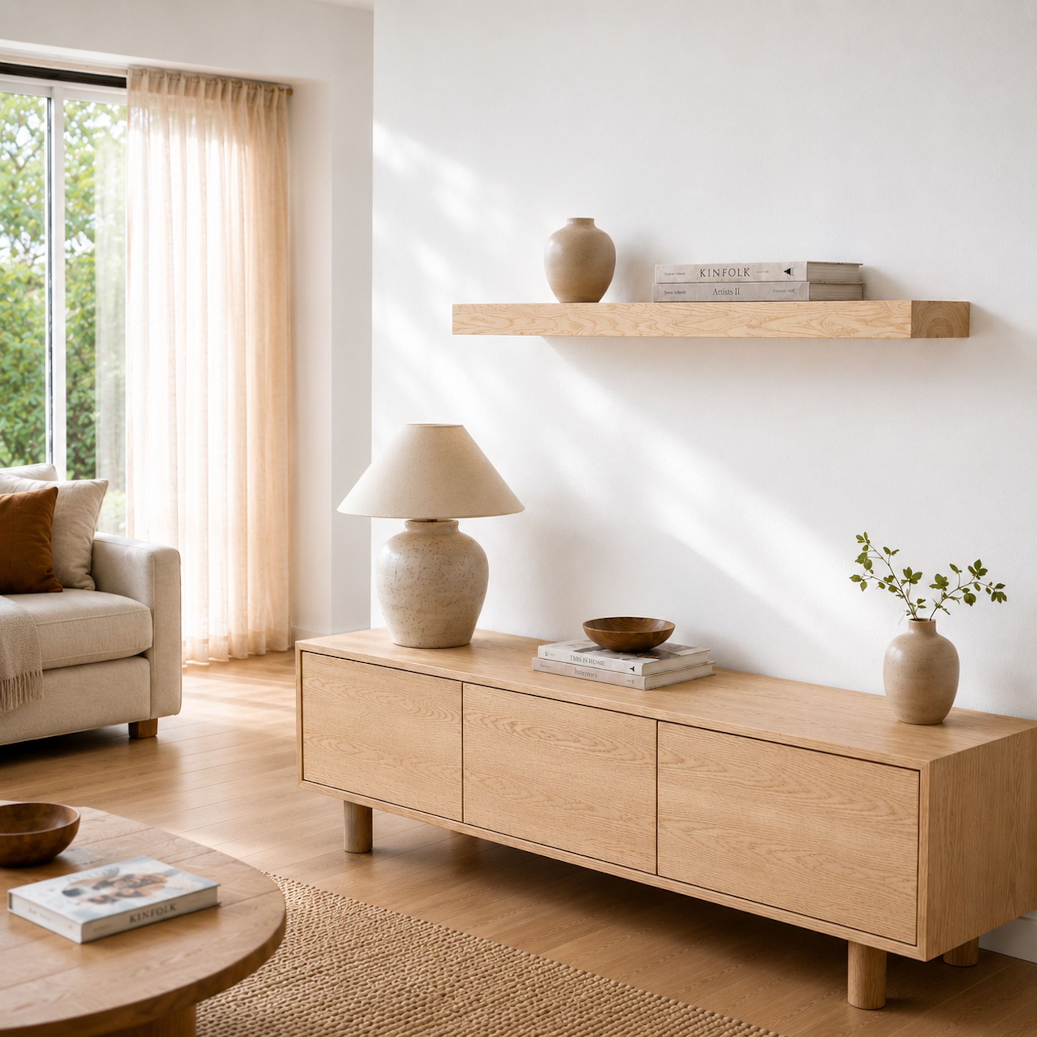 Design-Wandregal ECO aus furnierter Esche mit verdeckter Wandhalterung. Helles Wandregal mit natürlicher Esche-Maserung und hochwertiger Furnieroberfläche in moderner Wohnraumgestaltung.