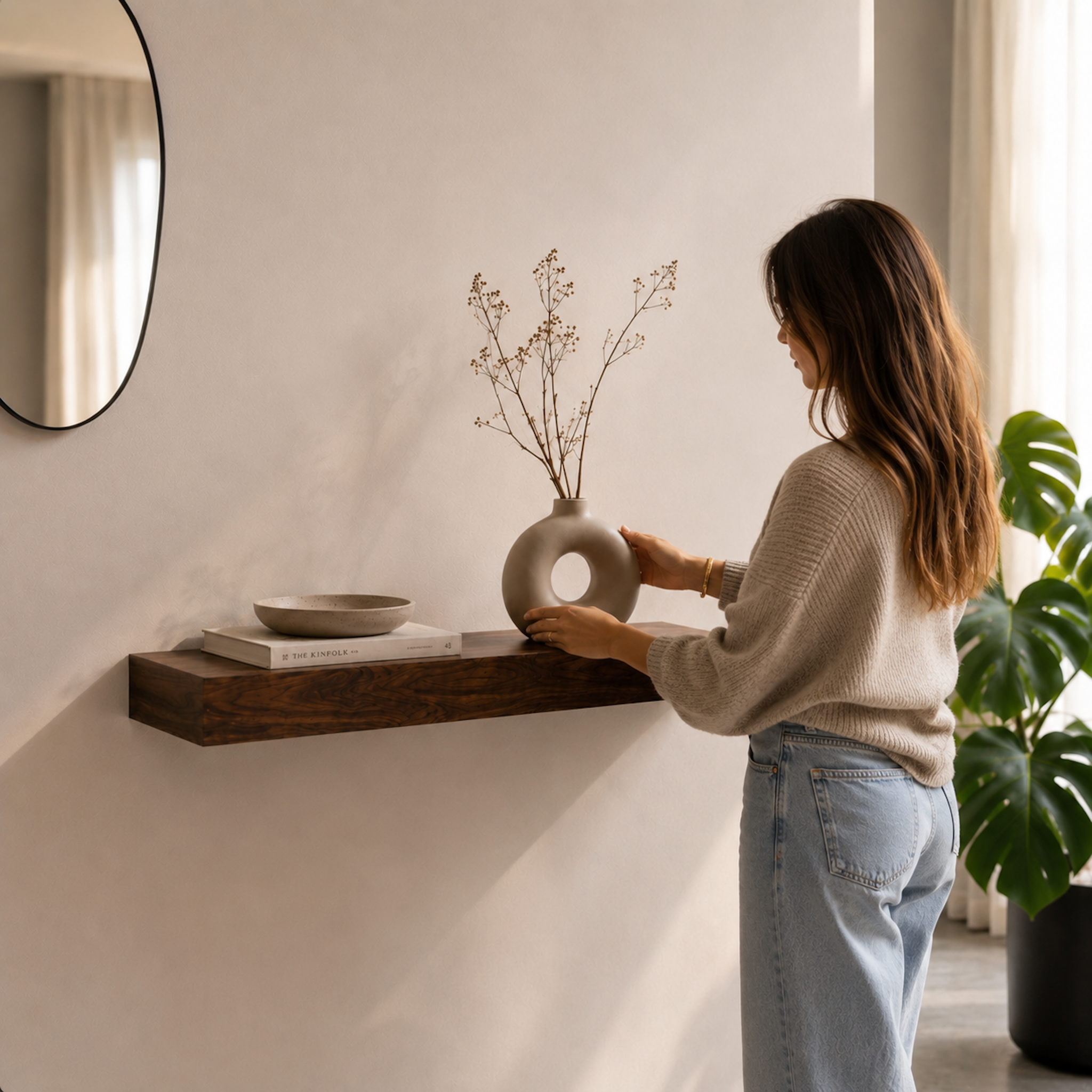 Design-Wandregal ECO aus furniertem Nussbaum mit verdeckter Wandhalterung. Schwebendes Wandregal mit natürlicher Nussbaum-Maserung in moderner Wohnraumgestaltung.