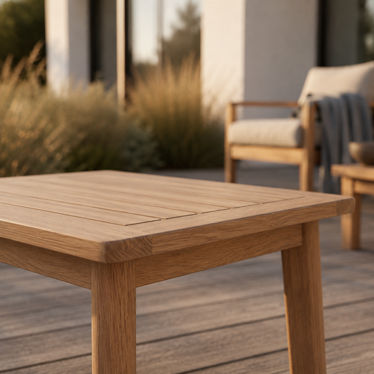 Detailaufnahme des Sitzhockers Terra aus massiver Eiche auf moderner Holzterrasse im warmen Abendlicht. Sichtbar sind die präzise verarbeitete Lamellenfläche, die leicht ausgestellten Beine und die natürliche Eichenmaserung.