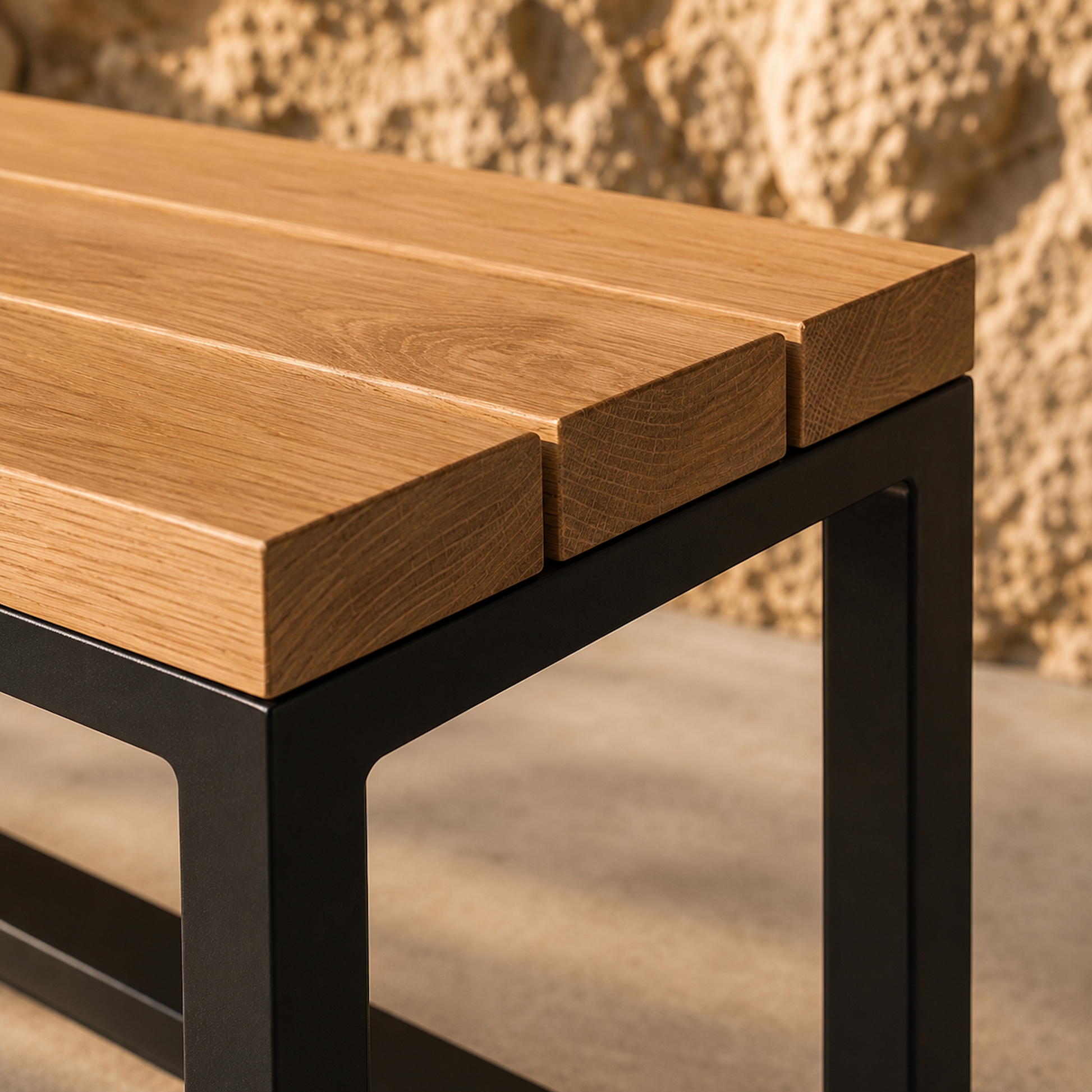 Nahaufnahme des Sitzhockers Urban aus massiver Eiche mit schwarzem Stahlgestell. Sichtbar sind die markante Holzstruktur, die massiven Eichenlamellen und das minimalistische Metallgestell in modernem Outdoor-Design.