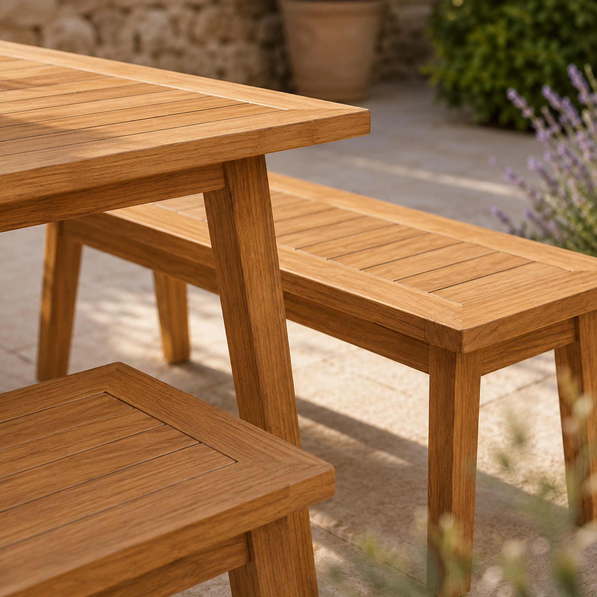 Nahaufnahme des Gartenmöbel-Sets Terra Plus aus massiver Eiche mit Gartentisch, Sitzbank und Hocker. Sichtbar sind die Lamellenoptik, die massiven Holzrahmen und die leicht ausgestellten Beine der Terra-Serie.