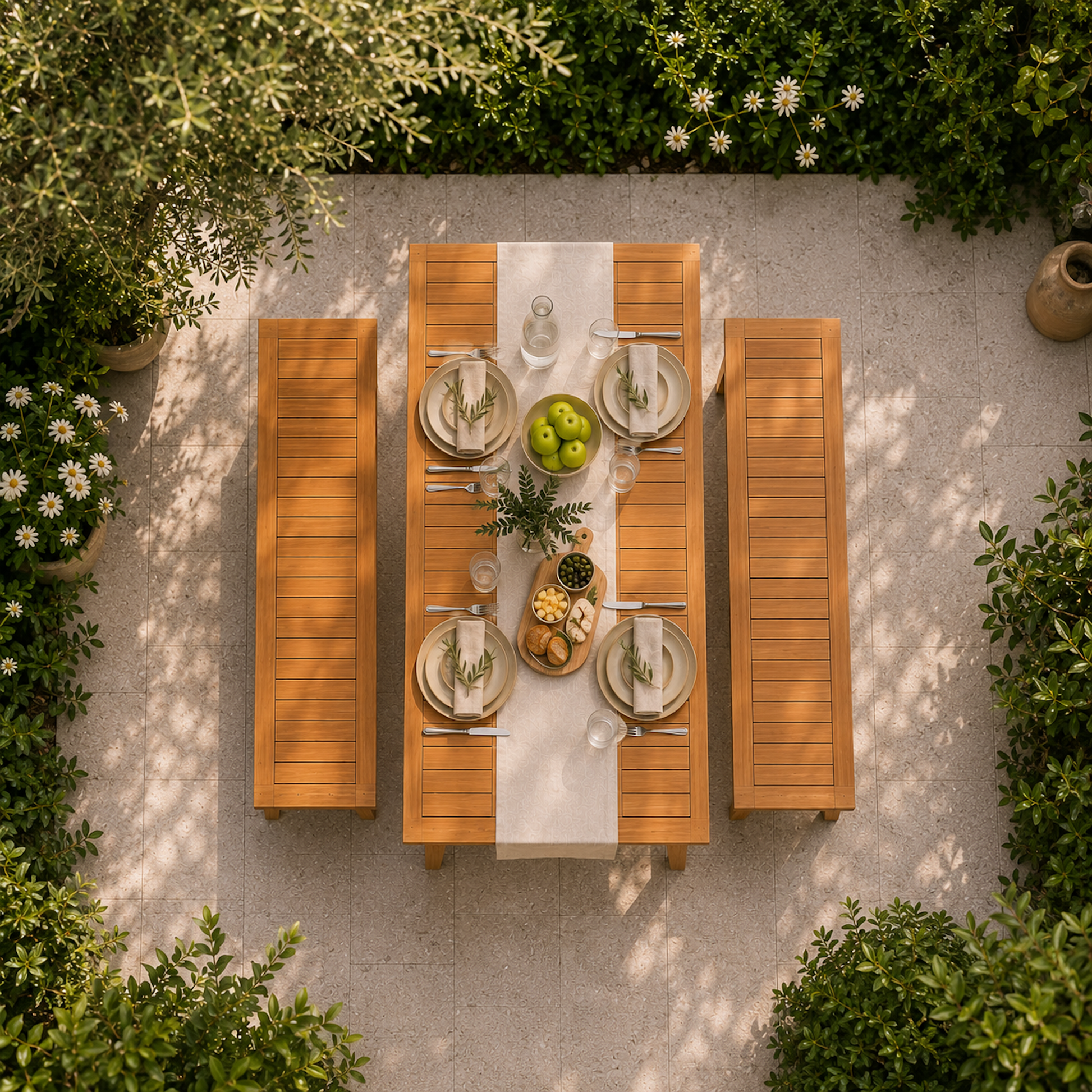 Draufsicht auf das Gartenmöbel-Set Terra aus massiver Eiche mit Gartentisch und zwei Sitzbänken. Das Lamellendesign, die natürliche Holzoberfläche und die eingedeckte Tischdekoration kommen auf der sonnigen Terrasse besonders zur Geltung.