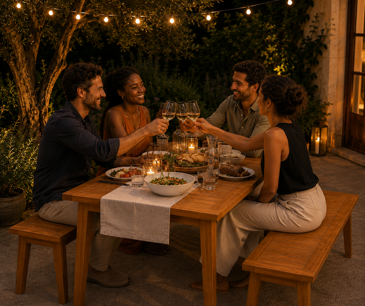 Vier Personen sitzen am Gartenmöbel-Set Terra aus massiver Eiche und genießen einen Sommerabend auf der Terrasse. Gartentisch und Sitzbänke im Lamellendesign sind stimmungsvoll mit Kerzen und Lichterkette beleuchtet.