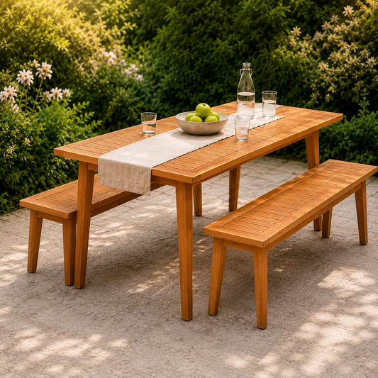 Gartenmöbel-Set Terra aus massiver Eiche mit Gartentisch und zwei Sitzbänken auf einer hellen Terrasse. Lamellendesign, ausgestellte Beine und sommerliche Gartenszene mit Dekoration und grüner Bepflanzung im Hintergrund.