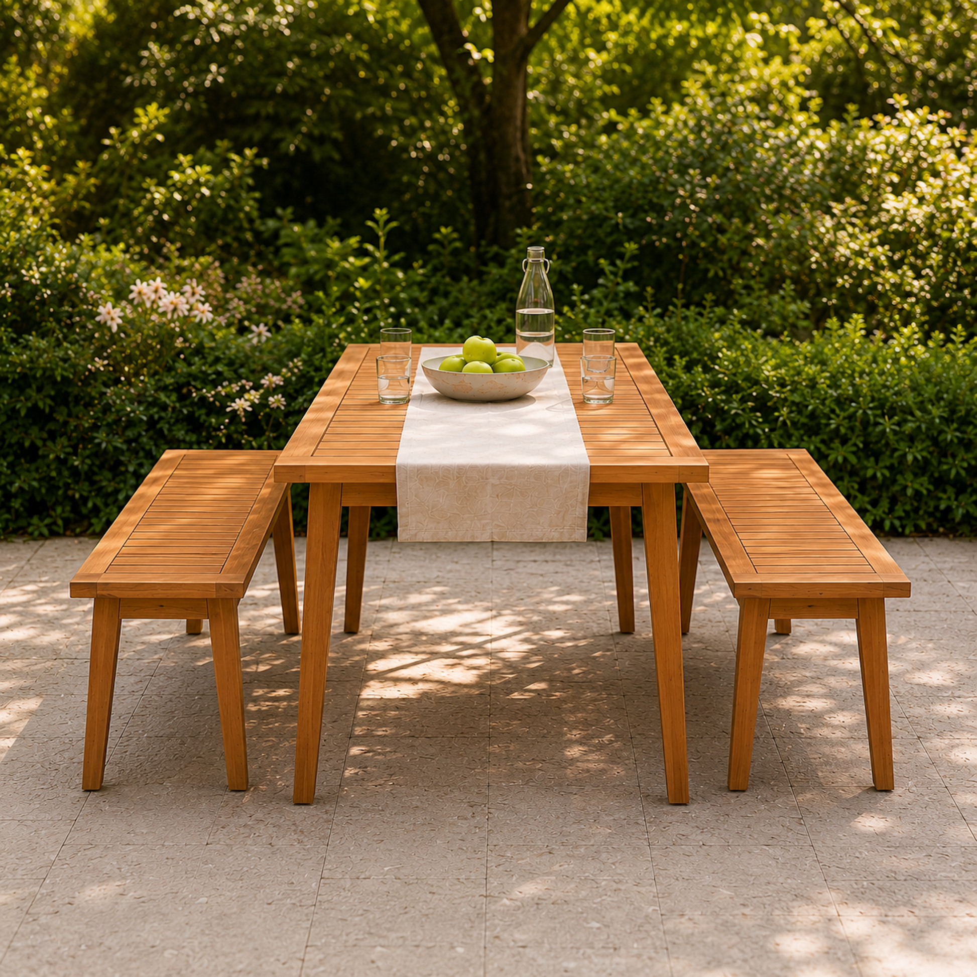Gartenmöbel-Set Terra aus massiver Eiche mit Gartentisch und zwei Sitzbänken in symmetrischer Frontansicht. Lamellendesign, ausgestellte Beine und natürliche Holzoberfläche auf einer sonnigen Terrasse mit grüner Gartenkulisse.