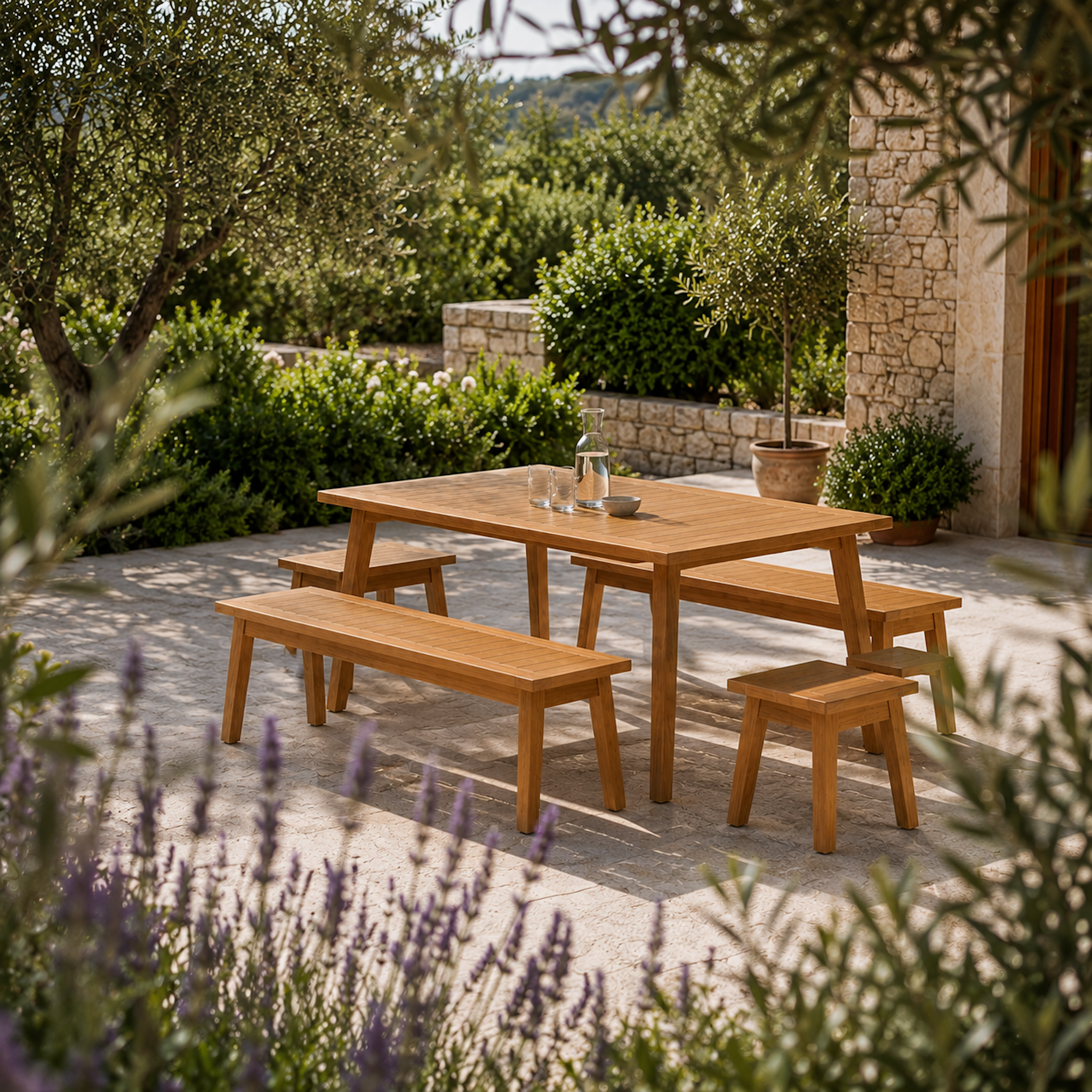 Gartenmöbel-Set Terra Plus aus massiver Eiche mit Gartentisch, zwei Sitzbänken und zwei Hockern auf einer mediterranen Terrasse. Die natürliche Holzoberfläche, das Lamellendesign und die leicht ausgestellten Beine fügen sich harmonisch in die grüne Gartenlandschaft ein.