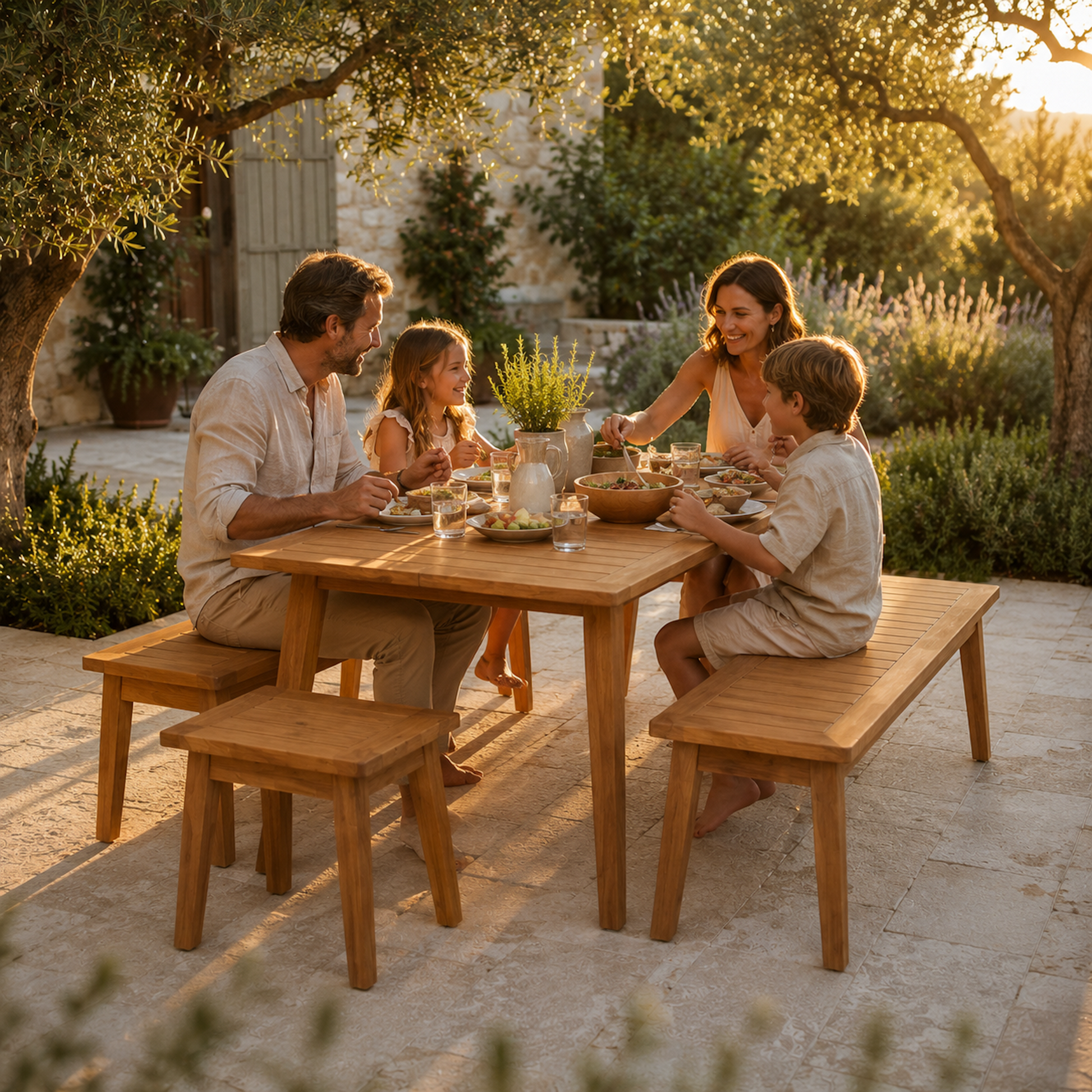 Familie sitzt am Gartenmöbel-Set Terra Plus aus massiver Eiche auf einer sonnigen Terrasse. Das Set besteht aus Gartentisch, zwei Sitzbänken und zwei Hockern im charakteristischen Lamellendesign und wird beim gemeinsamen Essen im Garten genutzt.