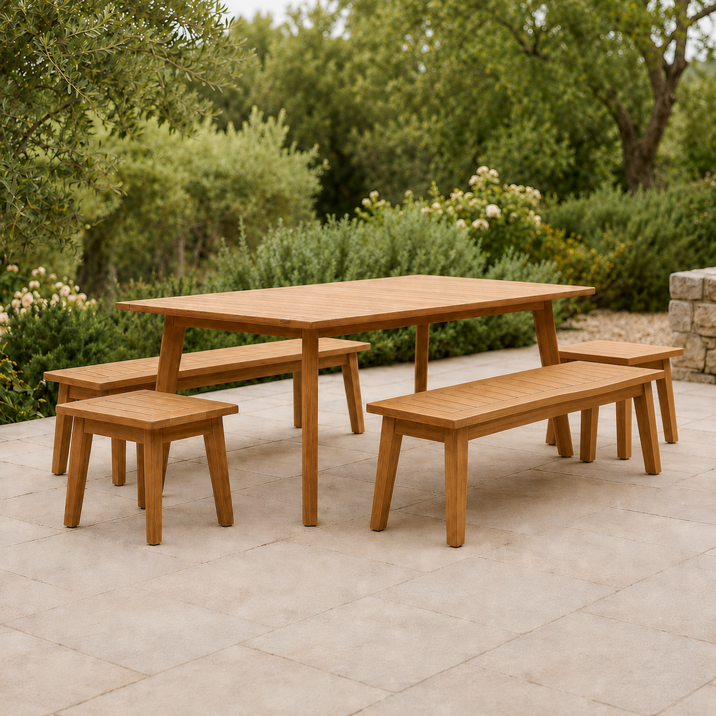 Gartenmöbel-Set Terra Plus aus massiver Eiche mit Gartentisch, zwei Sitzbänken und zwei Hockern auf einer hellen Terrasse. Die abgestimmten Möbel im Lamellendesign und die leicht ausgestellten Beine sorgen für ein harmonisches Gesamtbild im Garten.