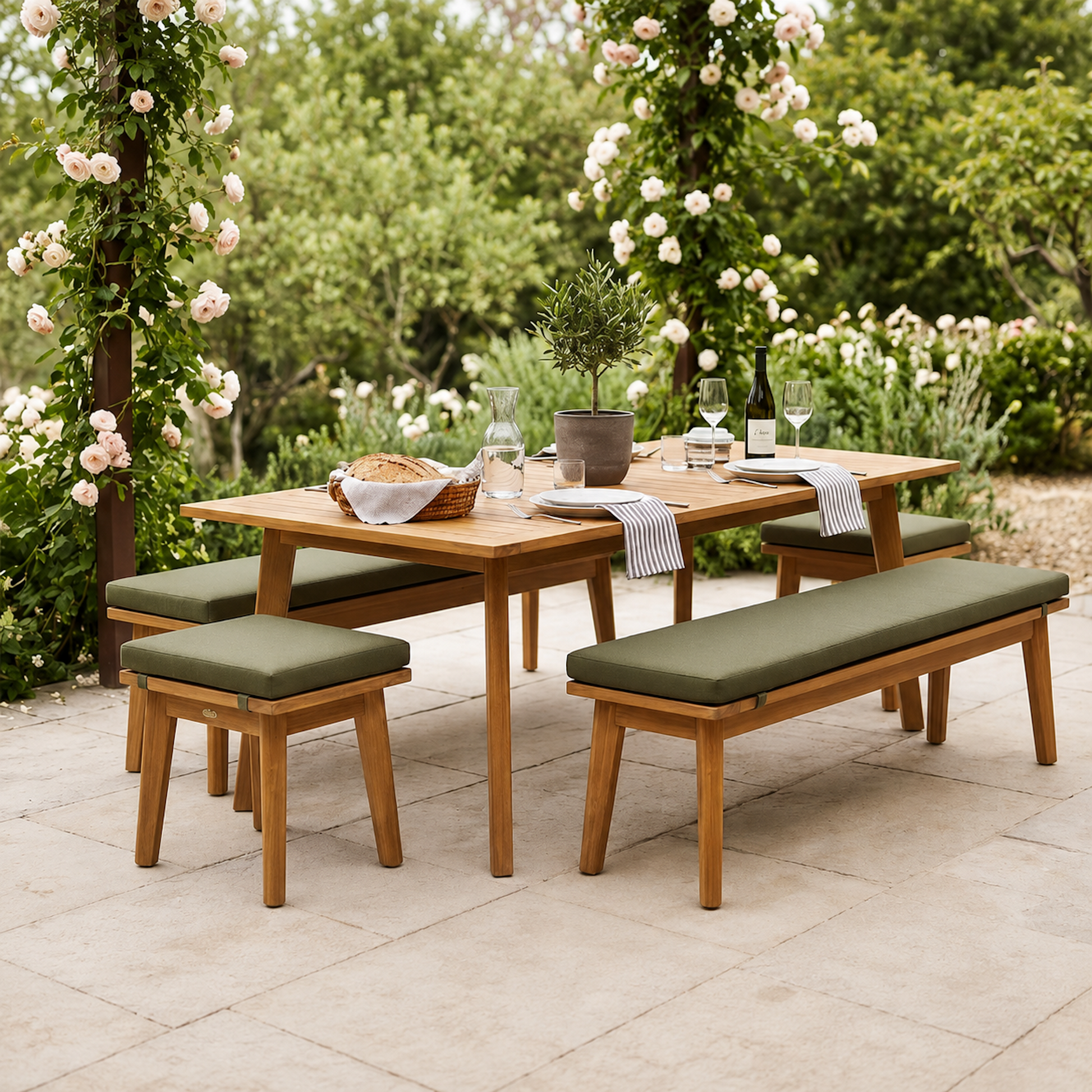 Gartenmöbel-Set Terra Plus aus massiver Eiche mit Gartentisch, zwei Sitzbänken und zwei Hockern auf einer hellen Terrasse. Grüne Sitzauflagen, eingedeckter Tisch und blühende Rosen schaffen eine einladende Atmosphäre im Garten.