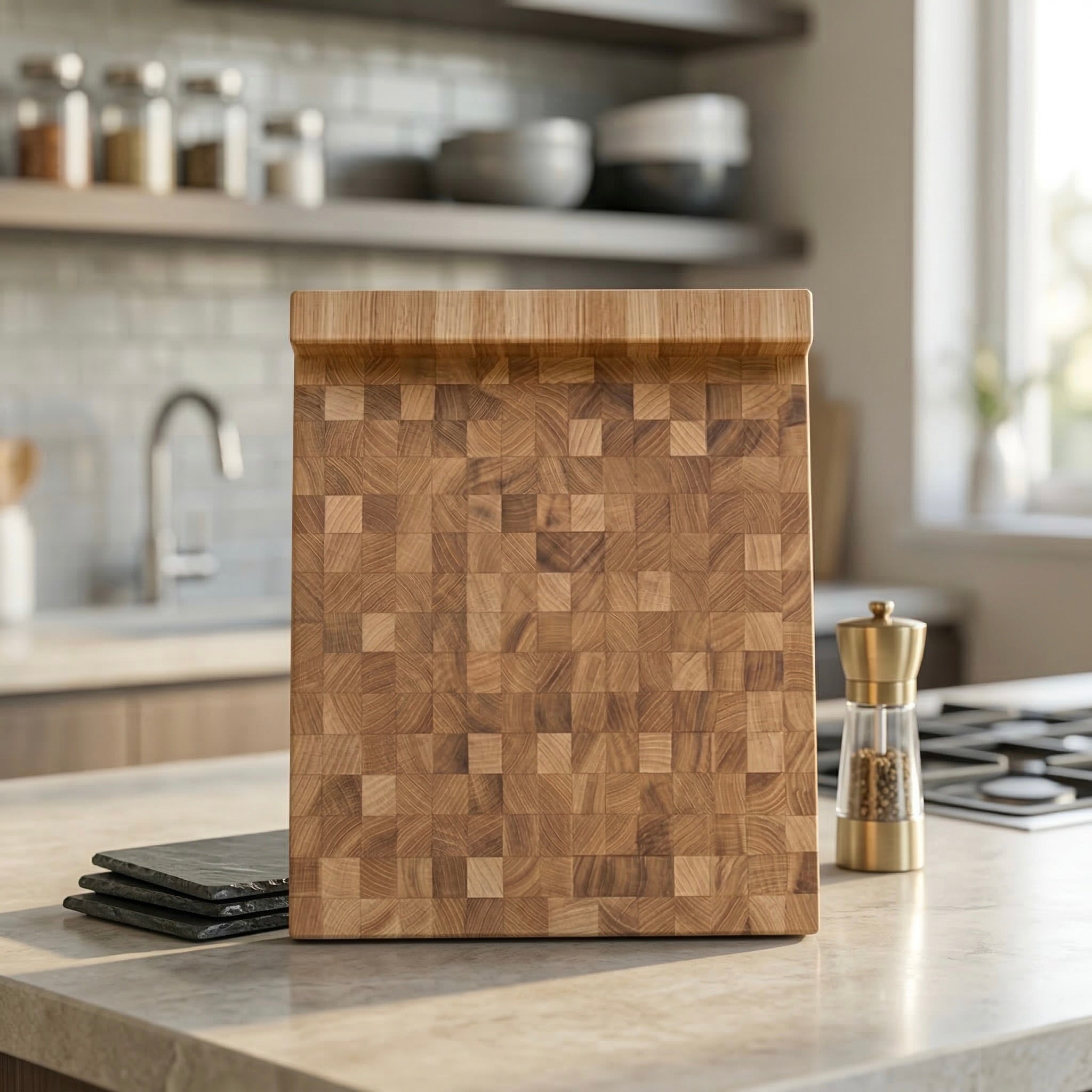 Stirnholz-Schneidebrett Eiche – mit Anschlagkante