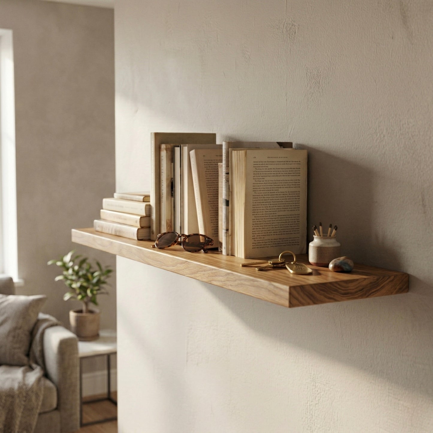 Schwebendes Wandregal – Rüster Massivholz