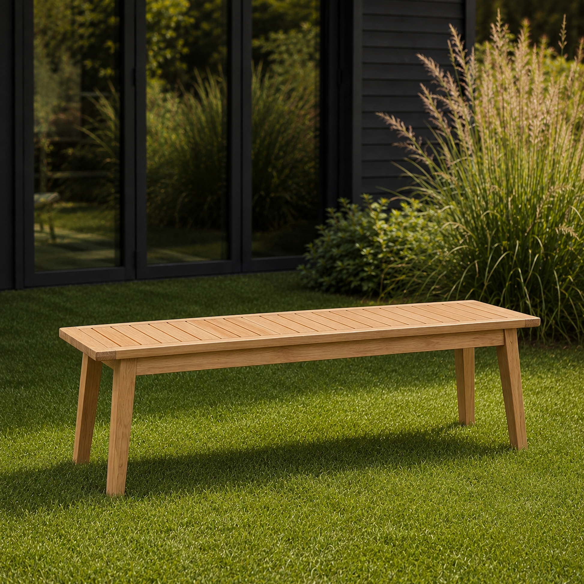Massive Gartenbank Terra aus Eiche mit Lamellen-Sitzfläche und schrägen Holzbeinen auf grünem Rasen. Moderne Sitzbank aus Eichenholz im minimalistischen Outdoor-Design vor dunkler Hausfassade.