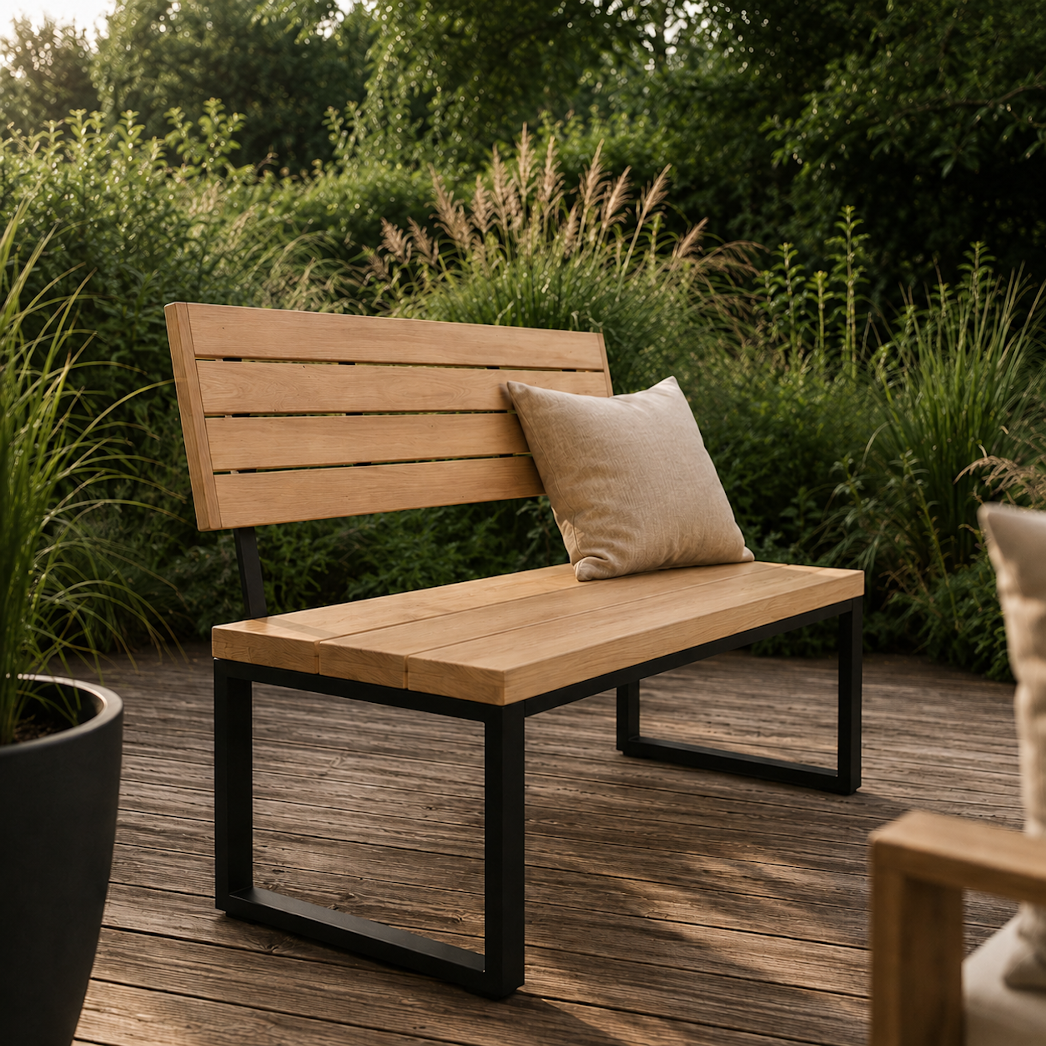 Moderne Sitzbank Urban mit Rückenlehne aus massiver Eiche und schwarzem Stahlgestell auf Holzterrasse. Gartenbank aus Eichenholz mit minimalistischer Rückenlehne und pulverbeschichteten Stahlkufen im Outdoor-Bereich.