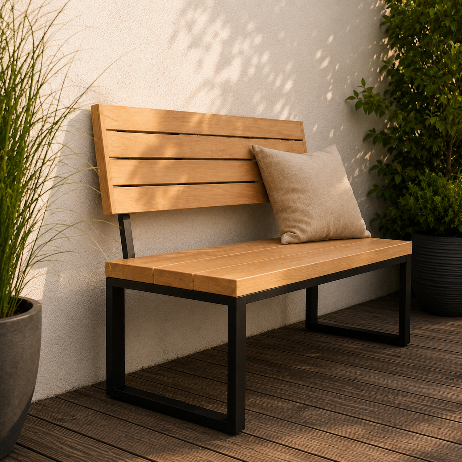 Moderne Sitzbank Urban mit Rückenlehne aus massiver Eiche und schwarzem Stahlgestell auf dunkler Holzterrasse. Gartenbank aus Eichenholz mit minimalistischer Rückenlehne und pulverbeschichteten Stahlkufen im warmen Sonnenlicht.
