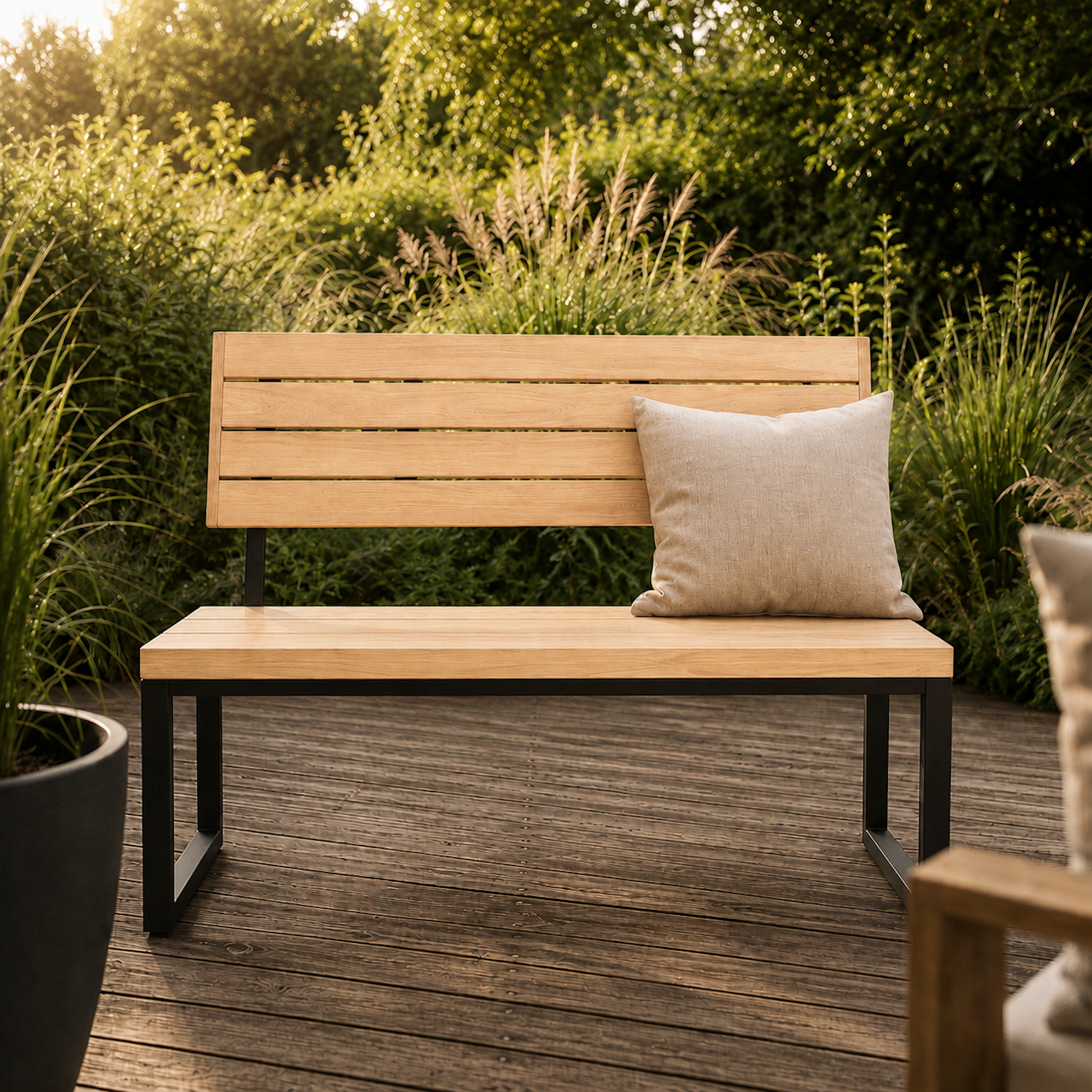 Frontalansicht der Sitzbank Urban mit Rückenlehne aus massiver Eiche und schwarzem Stahlgestell. Moderne Gartenbank aus Eichenholz mit minimalistischer Rückenlehne auf dunkler Holzterrasse im Outdoor-Bereich.