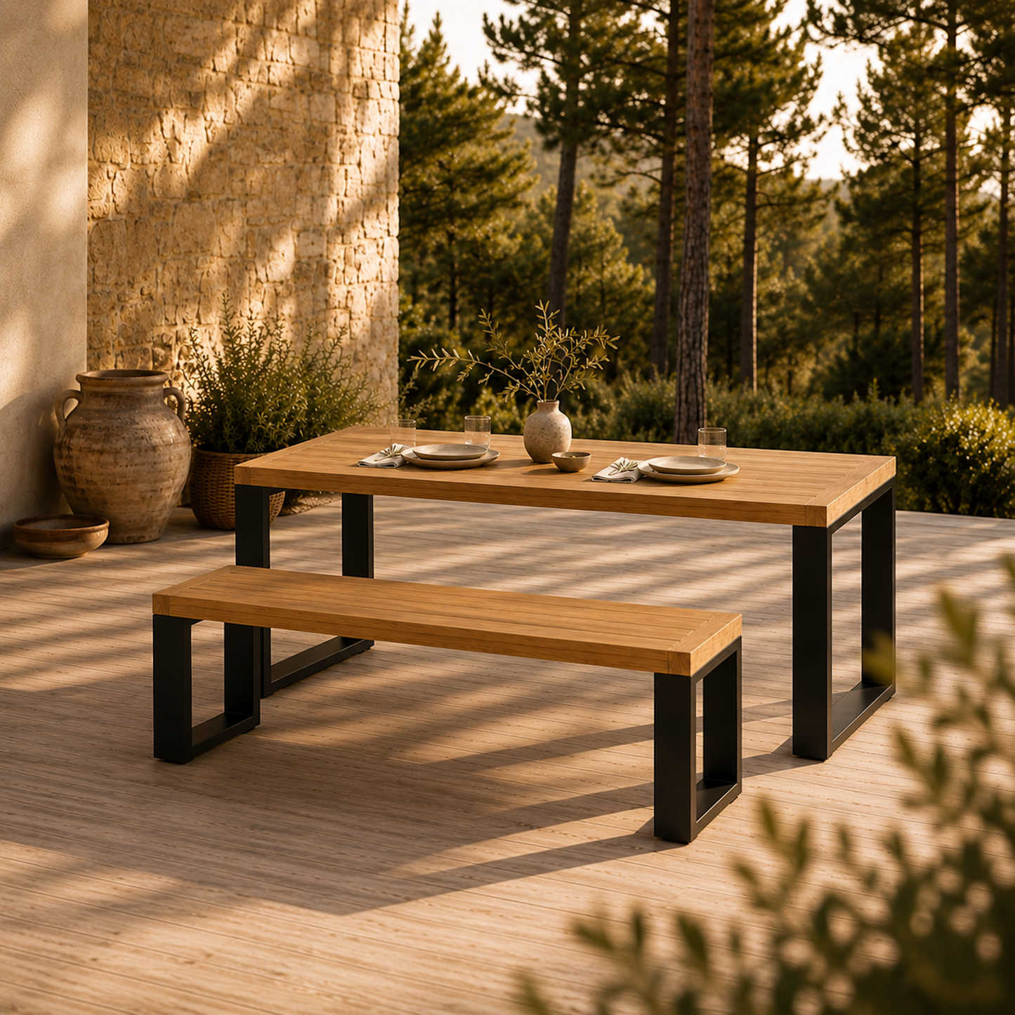 Moderner Gartentisch Urban aus massiver Eiche mit schwarzem Stahlgestell und passender Sitzbank auf heller Terrasse im warmen Abendlicht. Minimalistische Outdoor-Szene mit gedecktem Tisch, Keramikvasen und Waldkulisse im Hintergrund.