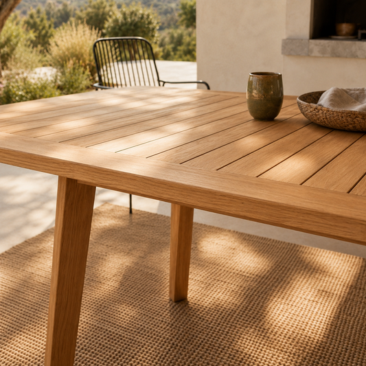 Detailaufnahme des Gartentischs Terra aus massiver Eiche mit hochwertiger Lamellen-Tischplatte und schrägen Tischbeinen. Outdoor-Esstisch aus Eichenholz auf mediterraner Terrasse mit warmem Sonnenlicht.